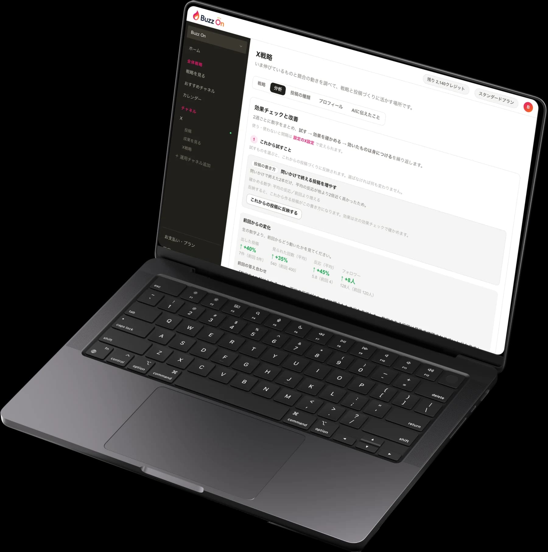 Buzz On の効果チェックの画面(分析タブ)を表示したノートパソコン。前回からの変化と、次に試すことが表示されている